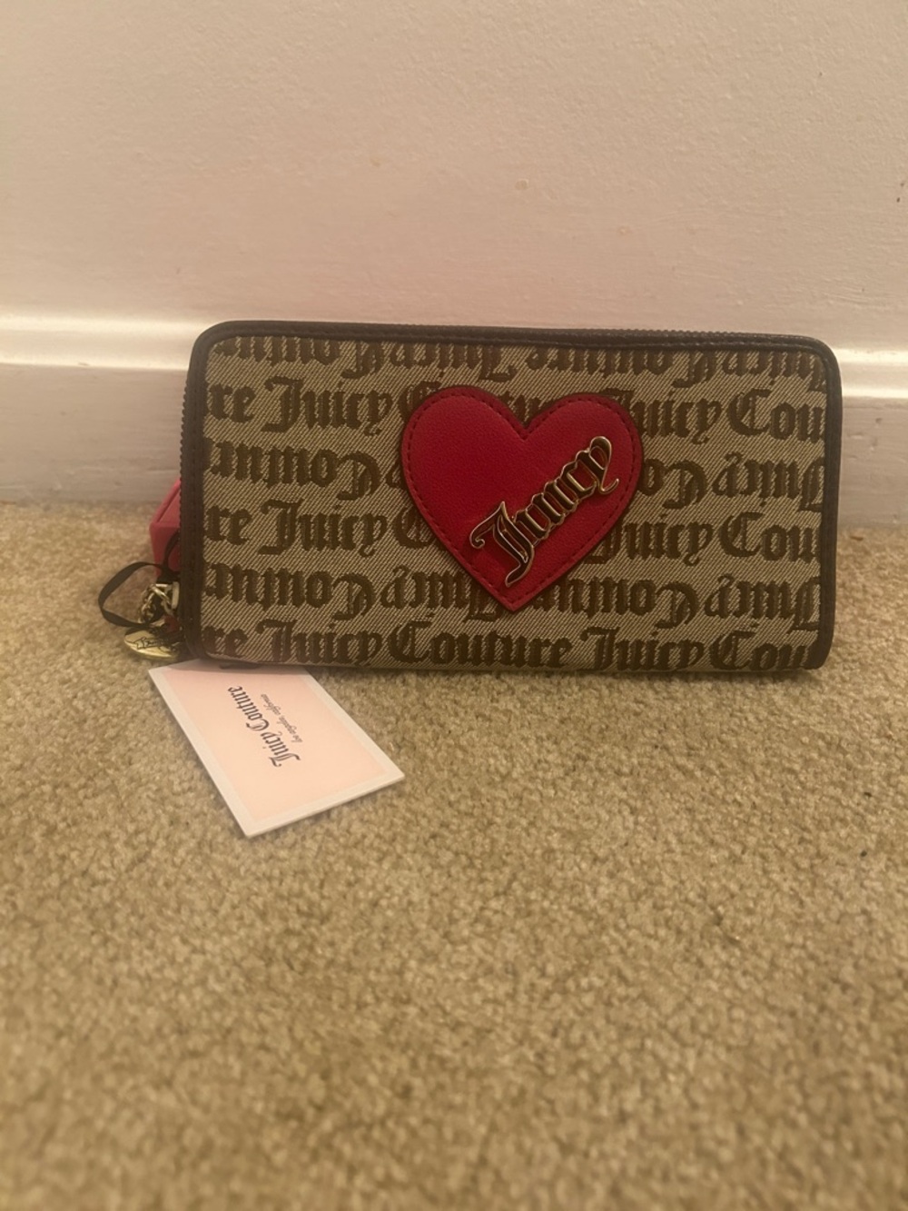 Juicy Couture Brown Monogram Zip Wallet with Red Heart Patch
